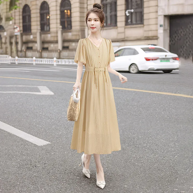 Cypress House Short Sleeved Dress Women's Khaki Yellow-3