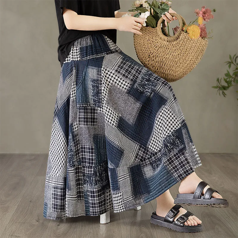 Cypress House Casual Long Skirt Women's Black White Blue Plaid-2