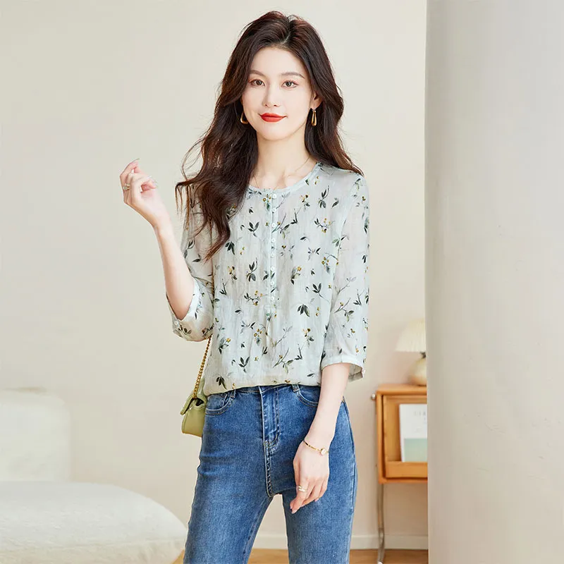 Cypress House Shirt Women's Gray Green Floral Bottom-2