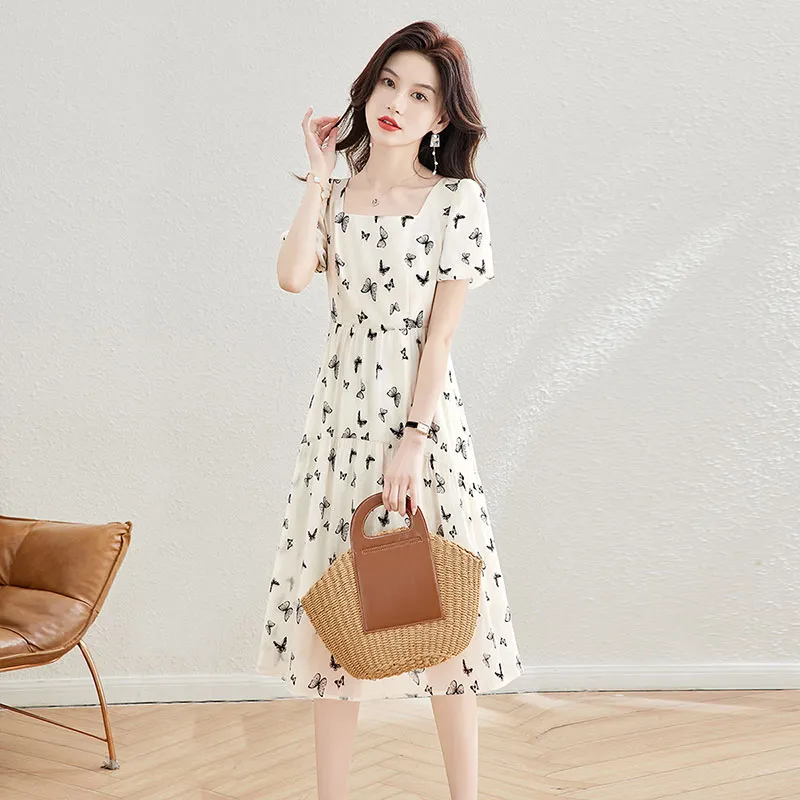 Cypress House Short-Sleeved Dresses Women's Apricot Base With Black Butterfly-2