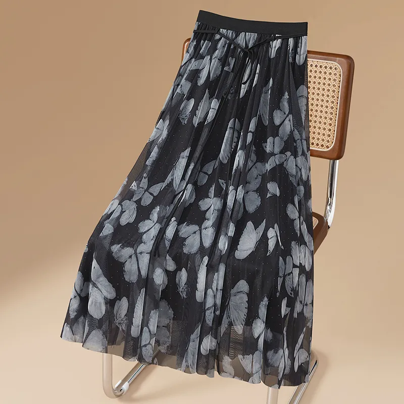 TOUCH Casual Long Skirt Women's Gray Butterfly-2