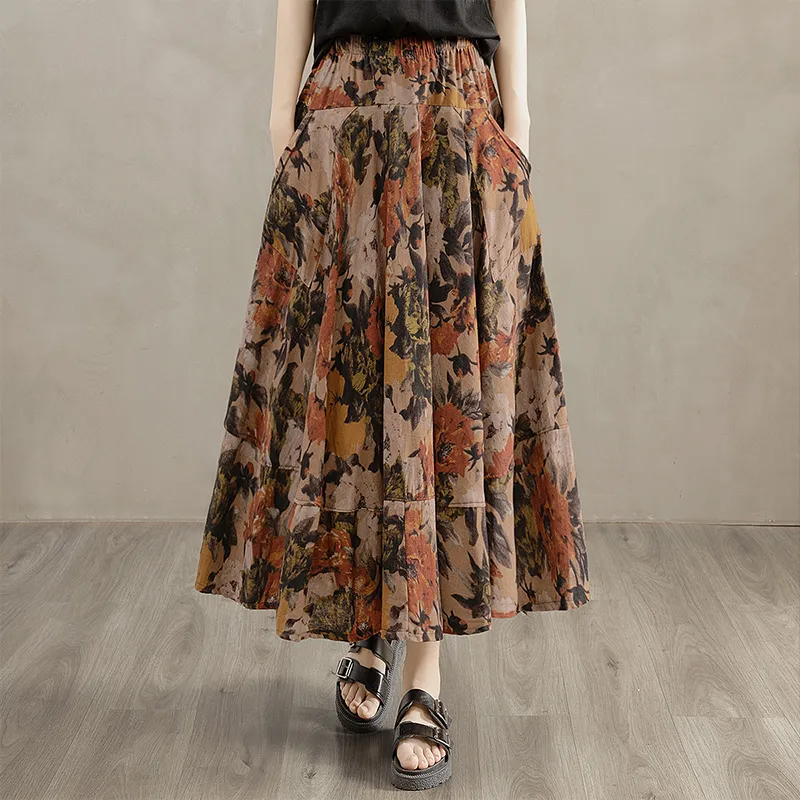 Cypress House Casual Long Skirts Women's Red And Yellow Flowers-2