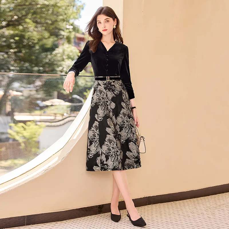 TOUCH Long Sleeved Dress Women's Black & Black With Beige Floral-5