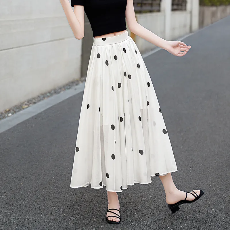 TOUCH Casual Long Skirt Women's Beige Base With Polka Dot-4
