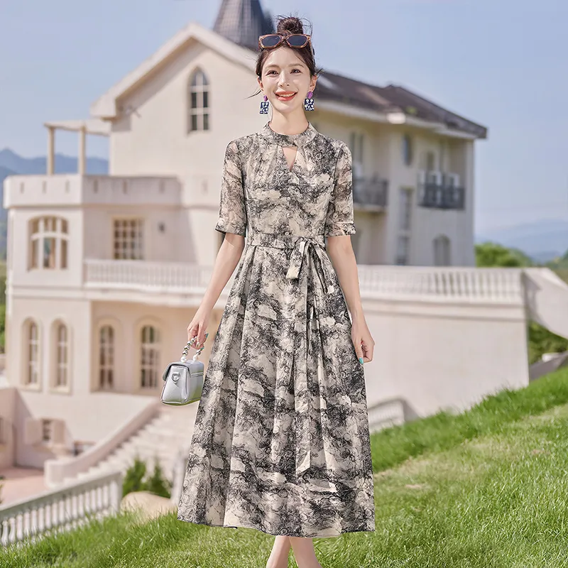 Cypress House Short-Sleeved Dresses Women's Beige Base With Black Flowers-5