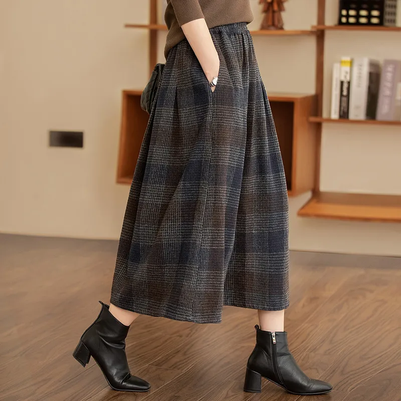 Cypress House Casual Long Skirt Women's Navy Blue Plaid-5