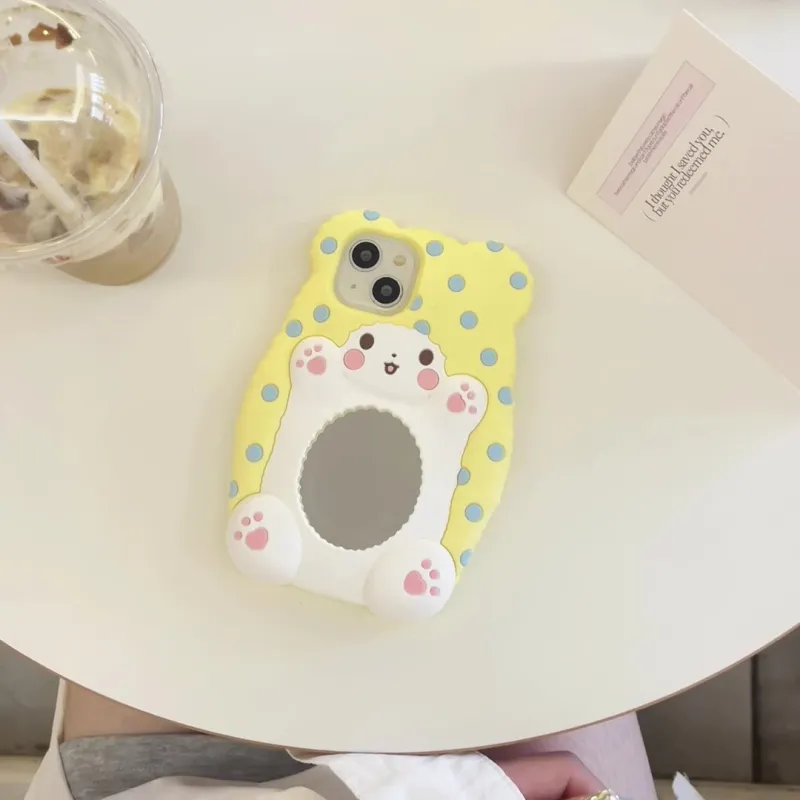 Beams Silicone Material Cute Polka Dot Mirror Bear Phone Cases Compatible With Apple 15 Pro Max/iPhone 15/14/13/12 Pro-5