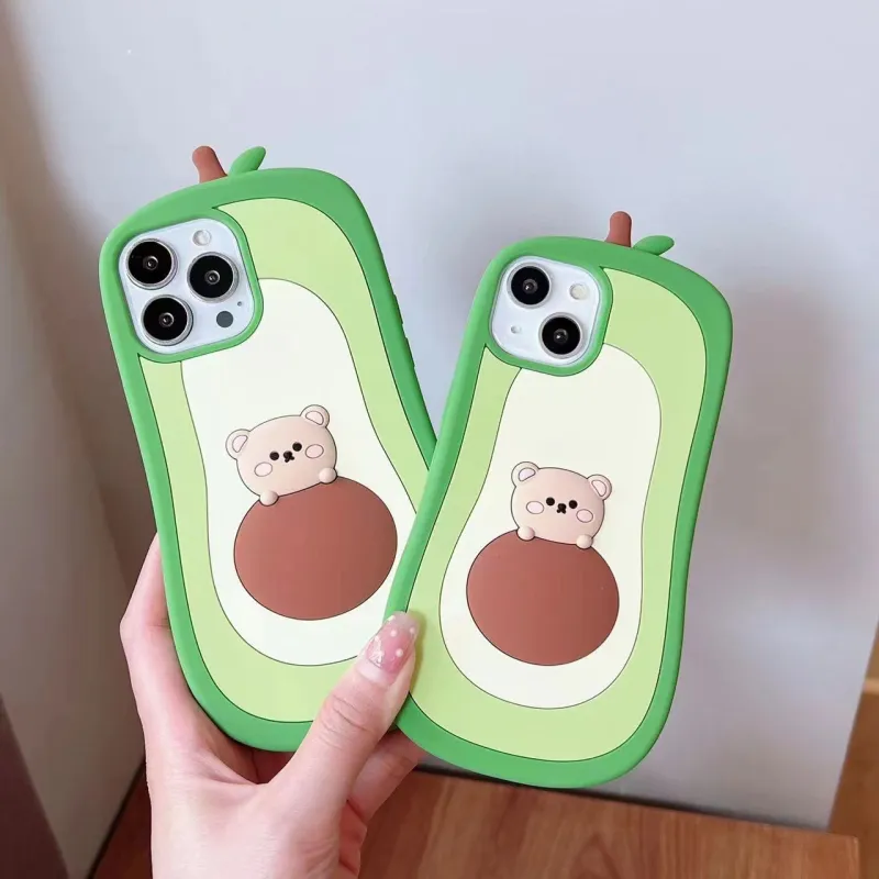 Beams Silicone Material Plush Bear Avocado Phone Cases Compatible With 14 Pro Max/13 Pro-2