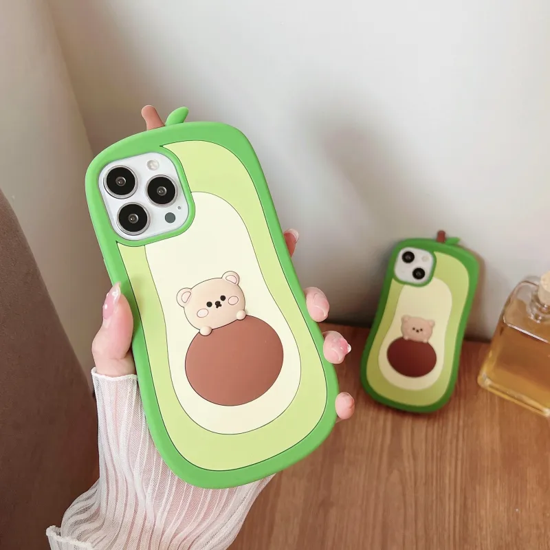 Beams Silicone Material Plush Bear Avocado Phone Cases Compatible With 14 Pro Max/13 Pro-4