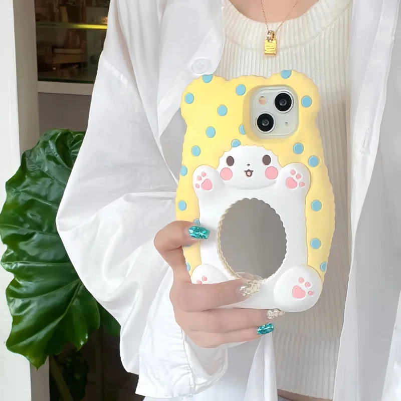 Beams Silicone Material Cute Polka Dot Mirror Bear Phone Cases Compatible With Apple 15 Pro Max/iPhone 15/14/13/12 Pro-1