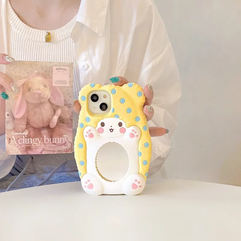 Beams Silicone Material Cute Polka Dot Mirror Bear Phone Cases Compatible With Apple 15 Pro Max/iPhone 15/14/13/12 Pro-3