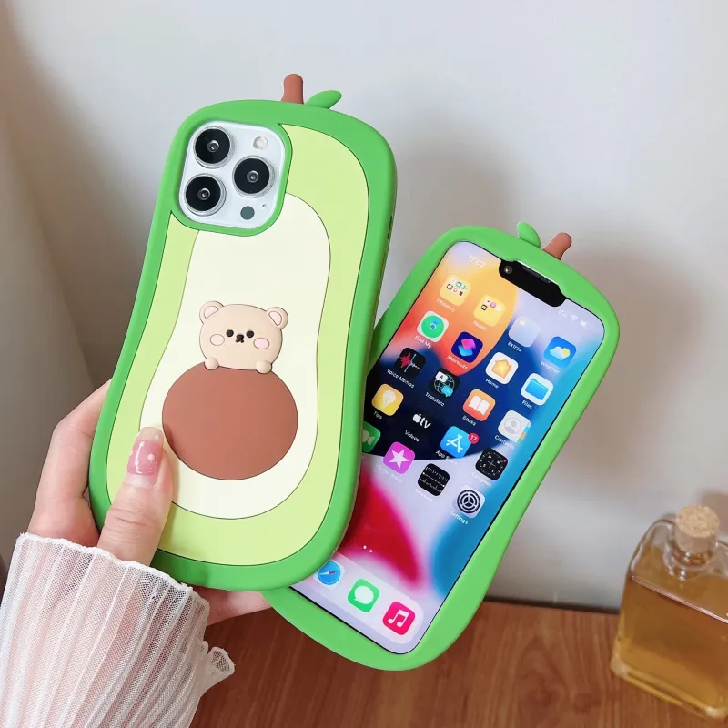 Beams Silicone Material Plush Bear Avocado Phone Cases Compatible With 14 Pro Max/13 Pro-1