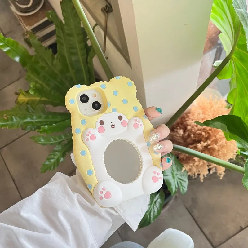 Beams Silicone Material Cute Polka Dot Mirror Bear Phone Cases Compatible With Apple 15 Pro Max/iPhone 15/14/13/12 Pro-4