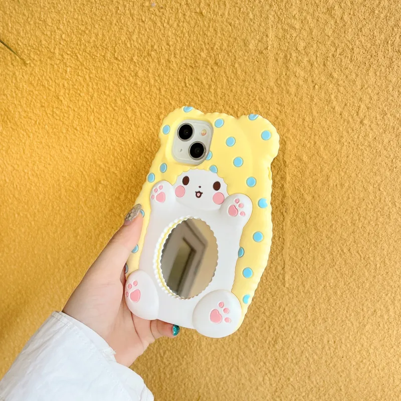 Beams Silicone Material Cute Polka Dot Mirror Bear Phone Cases Compatible With Apple 15 Pro Max/iPhone 15/14/13/12 Pro-2