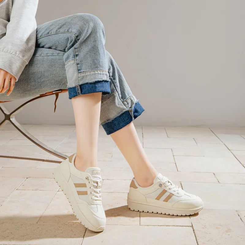 AAA SINCE 1955 Cushioning, Abrasion Resistant, Height Increasing Low Top Casual Shoes Women's Beige Apricot-2