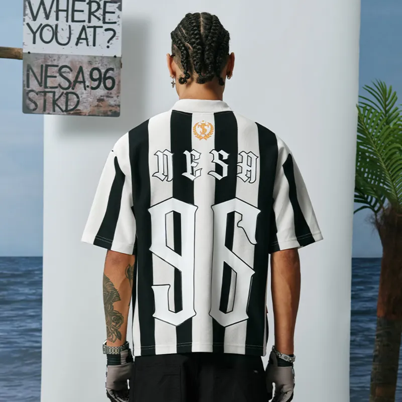 STK SMALL TOWN KID Polo Shirt Unisex Black White Stripes-2