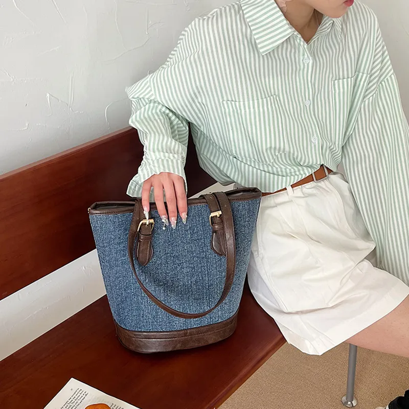 HCXK Denim Tote Bag Shopping Bag Shoulder Bag Women's Light Blue/navy-20