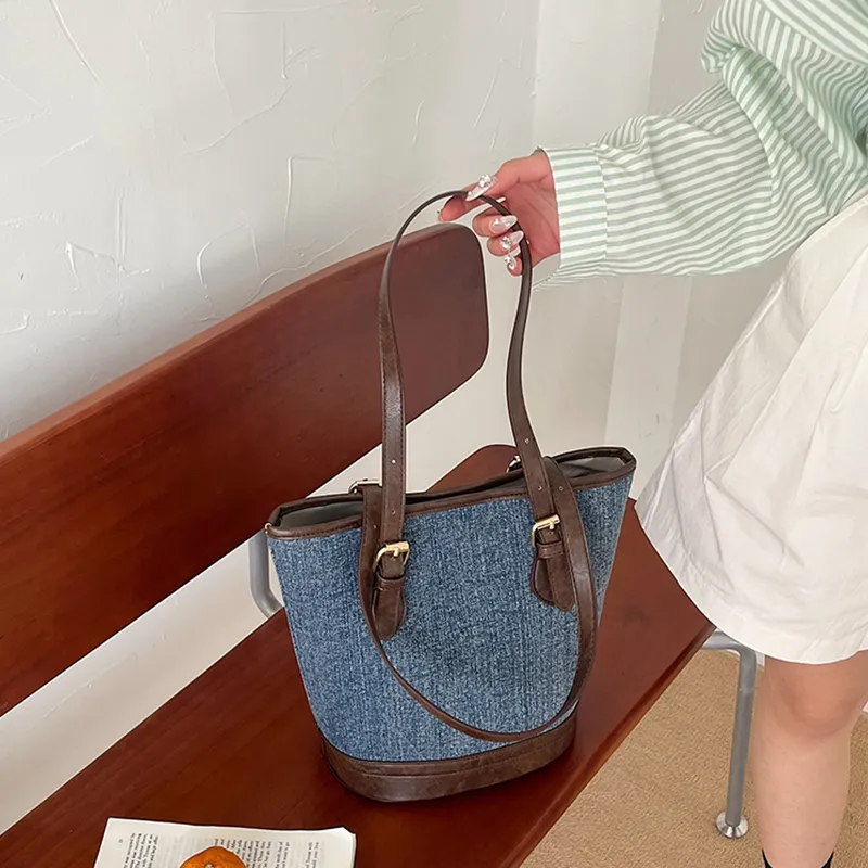 HCXK Denim Tote Bag Shopping Bag Shoulder Bag Women's Light Blue/navy-19