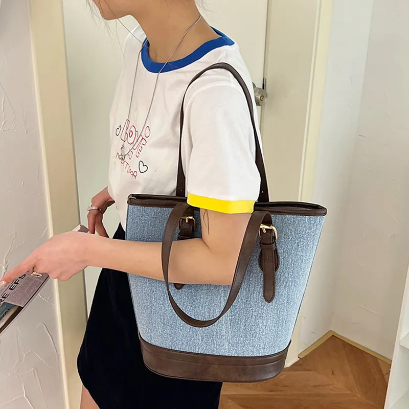 HCXK Denim Tote Bag Shopping Bag Shoulder Bag Women's Light Blue/navy-9