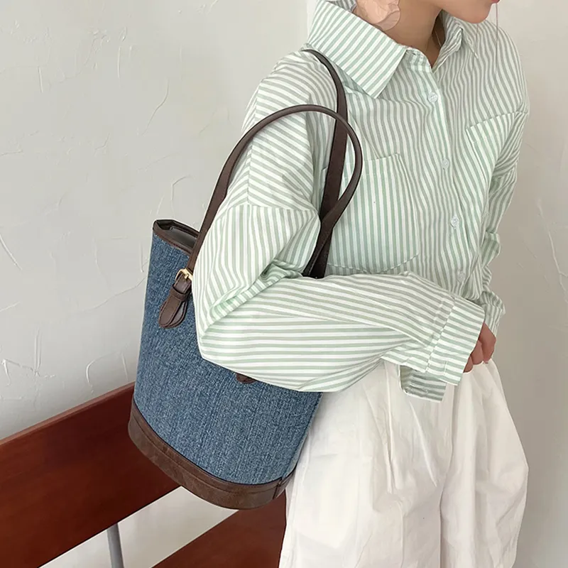 HCXK Denim Tote Bag Shopping Bag Shoulder Bag Women's Light Blue/navy-21