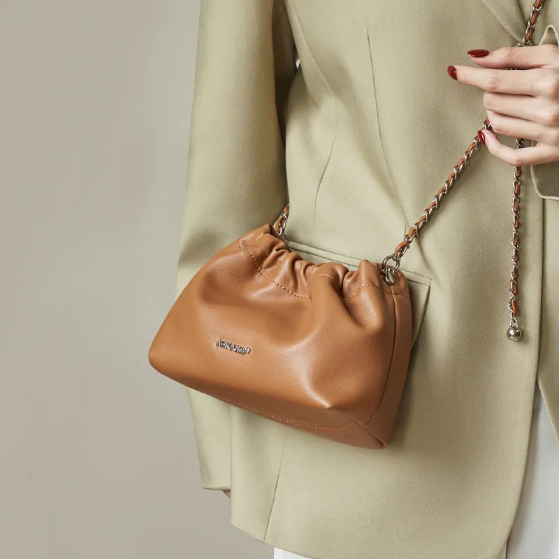 AOKANG Cow Leather Crossbody Shoulder Bag Small Size Women's Cream Apricot/Cookie/Classic Black-6