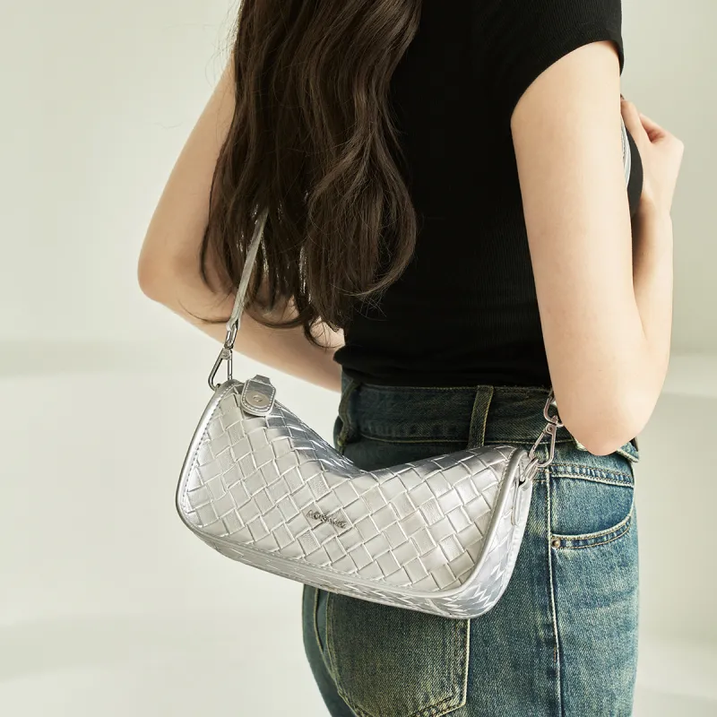 AOKANG Cow Leather Dumpling Bag, Crossbody Bag Small Size Women's Glacier Silver/Moon White/Obsidian Black-2