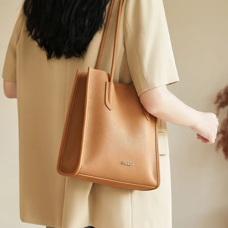 AOKANG Cow Leather Handbag, Shoulder Bag Women's Cookie/Milk Tea/Classic Black-3