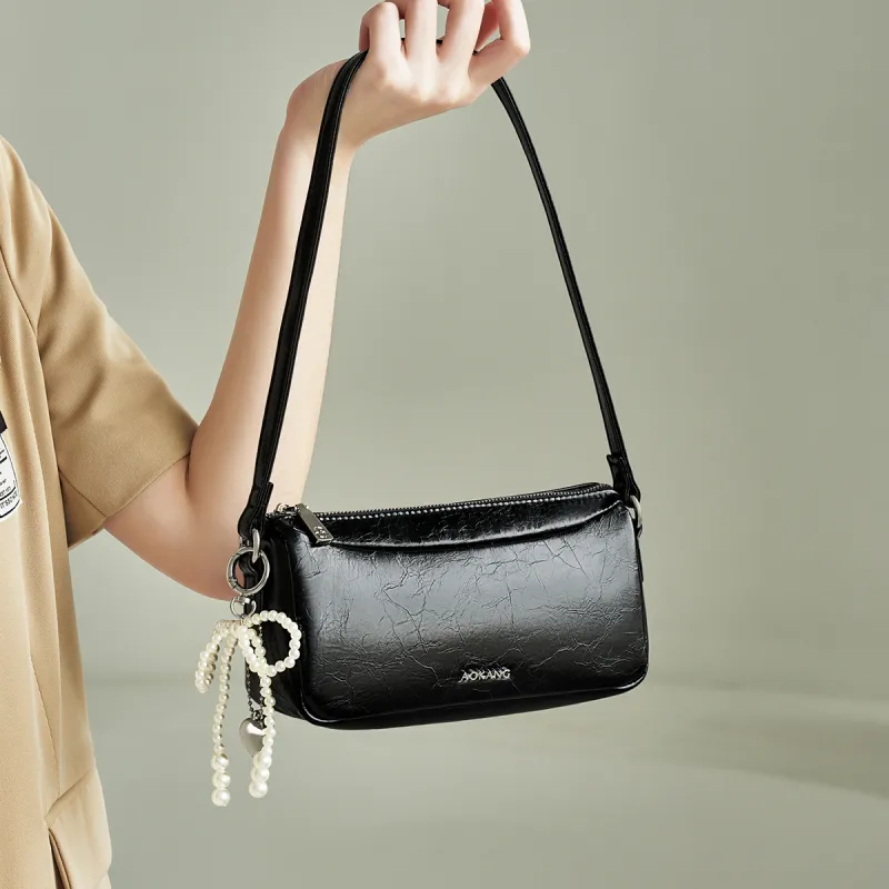 AOKANG Cow Leather Handbag, Shoulder Bag Women's Midnight Black/Milk White/Starlight Silver-1