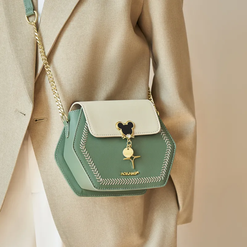 AOKANG Cow Leather Hexagonal Bag, Commute Bag, Shoulder Bag, Crossbody Bag Small Size Women's Cardamom Green/Black-3