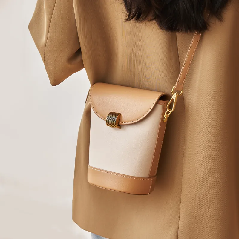 AOKANG Genuine Leather Bucket Bag, Shoulder Bag, Crossbody Bag Small Size Women's Coffee/Cream Apricot-7