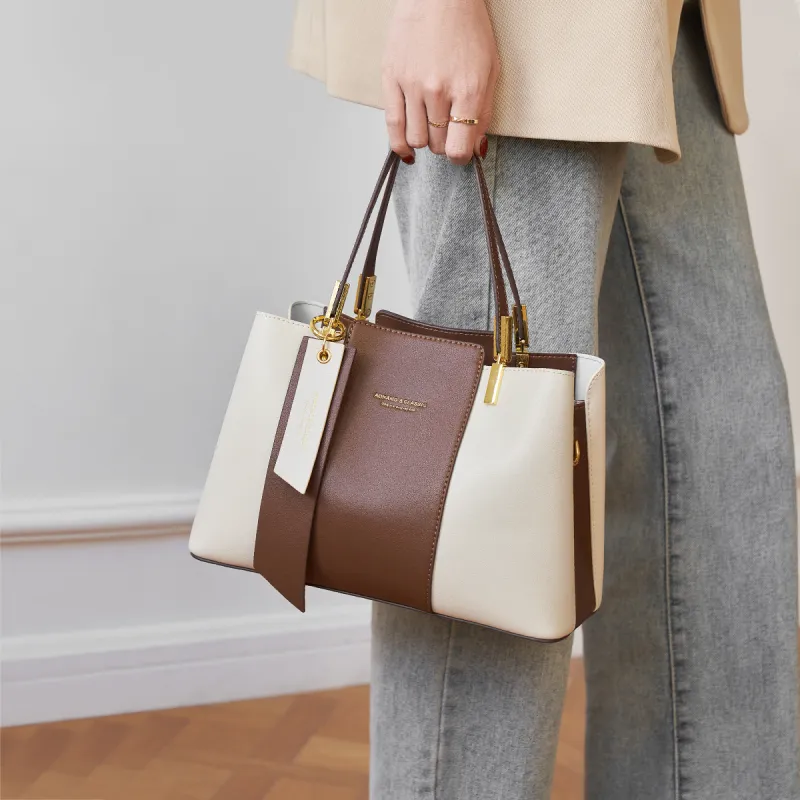 AOKANG Cow Leather Mom Bag, Tote, One Shoulder Handbag Medium Size Women's Light Coffee/Classic Black/Beige Apricot-3
