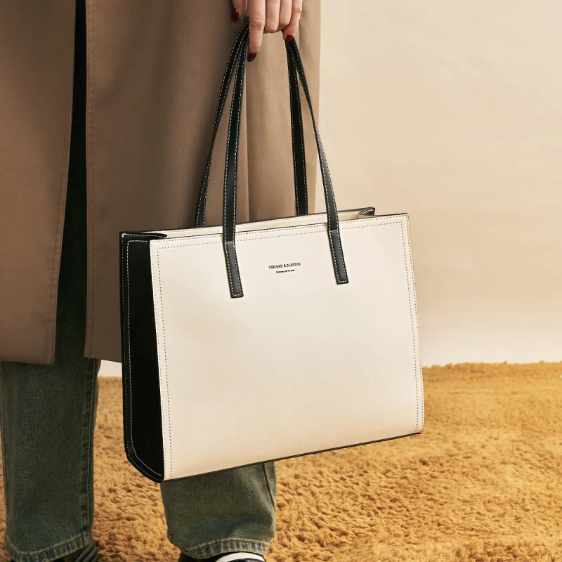 AOKANG Cow Leather Tote Bag, Shoulder Bag, Handbag Regular Women's Milkshake White & Hepburn Black-4