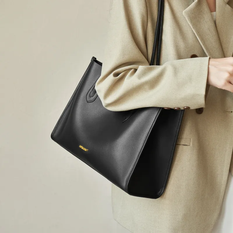 AOKANG Cow Leather Tote Bag, Schooling Bag, Commute Bag, Shoulder Bag Women's Gold Brown/Chestnut Brown/Classic Black-19