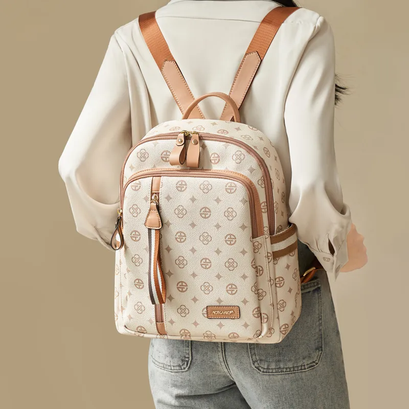 AOKANG PVC Backpack Laptop Bag Regular Women's Coffee/Ecru-8