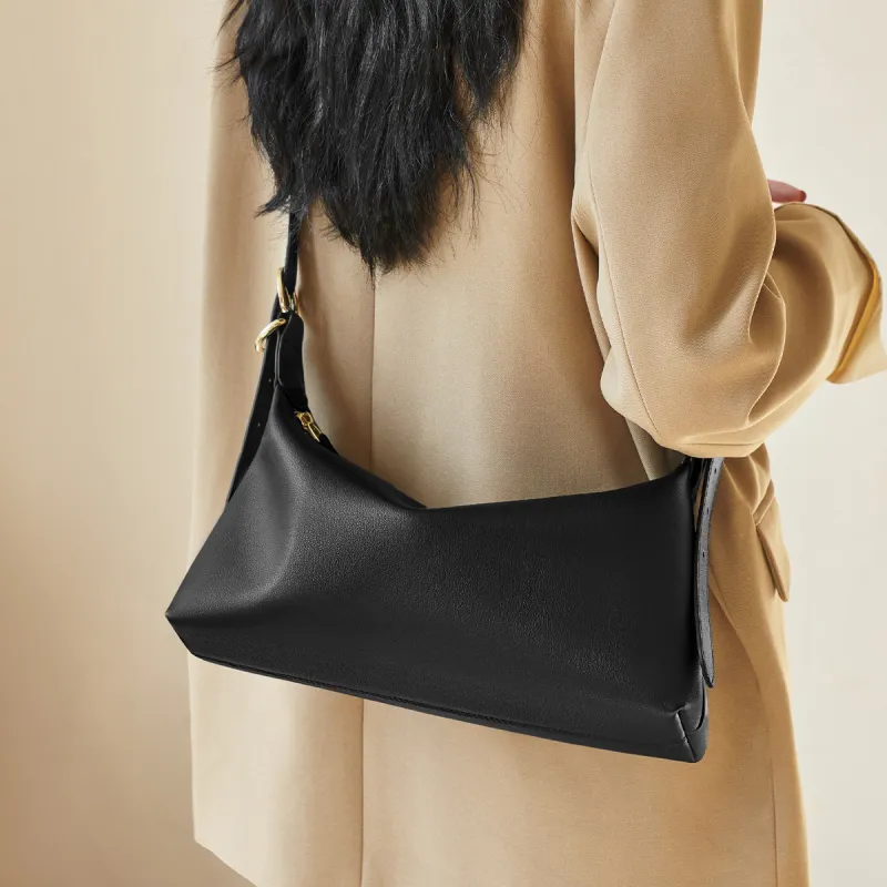 AOKANG Cow Leather Baguette Bag Crossbody Bag Shoulder Bag Large Size Women's Classic Black/Caramel Brown/Cream Apricot-2