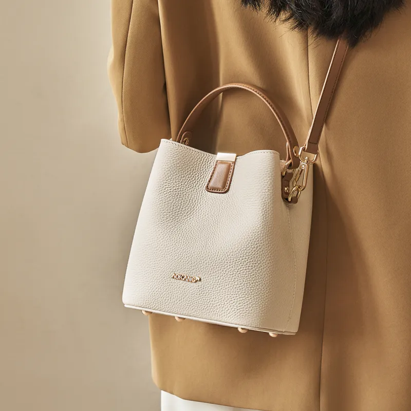 AOKANG Cow Leather Bucket Bag Handbag Armhole Shoulder Bag Commute Crossbody Bag Women's Ecru/Classic Black/Almond-3