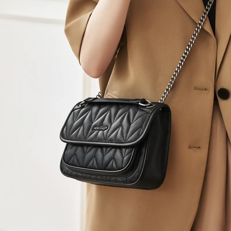 AOKANG Cow Leather Shoulder Bag With Diamond Pattern Chain, Crossbody Bag Regular Women's Classic Black/Milkshake White-3