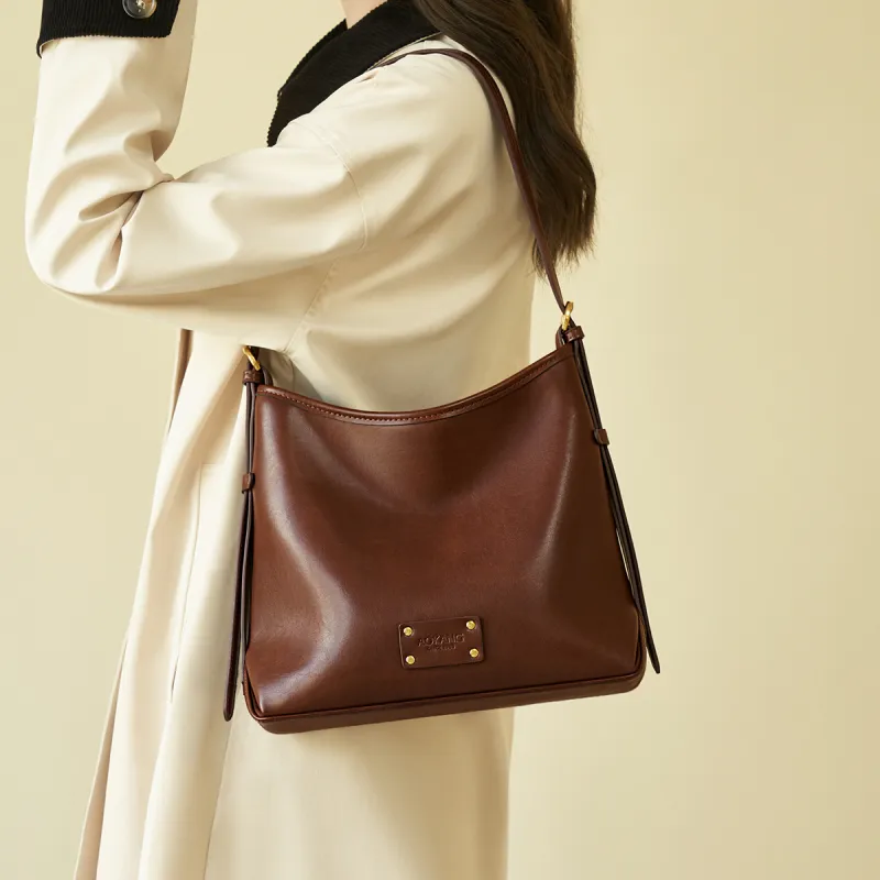 AOKANG Vegetable Tanned Cow Leather Tote Bag, Shoulder Bag, Crossbody Bag Regular Women's Coffee/Beige Apricot-2