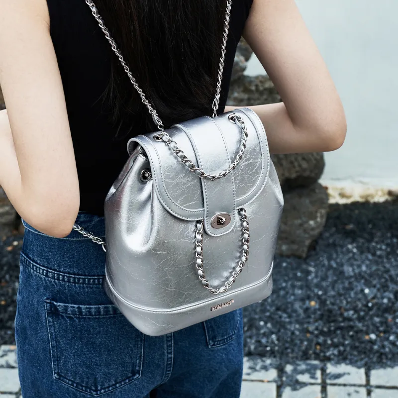 AOKANG Cow Leather With Synthetic Leather Backpack Travel Bag Small Size Women's Silver/Classic Black-4
