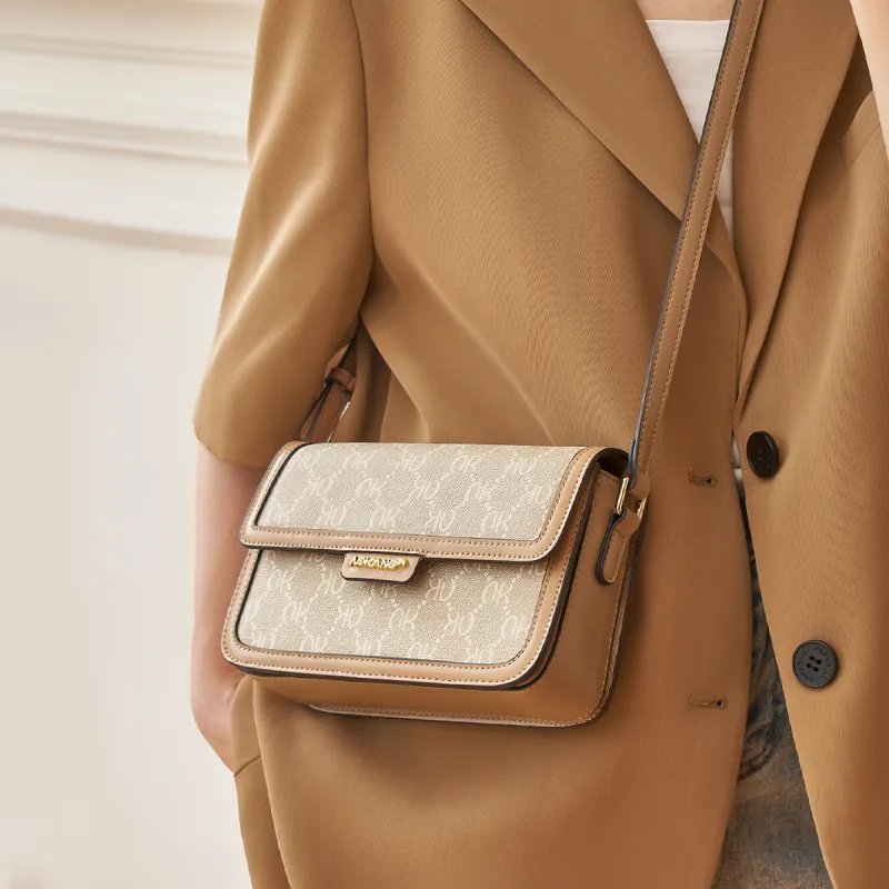 AOKANG PVC Small Square Bag Commute Tofu Bag Shoulder Bag, Crossbody Bag Regular Women's Coffee Brown/Cream Apricot-2