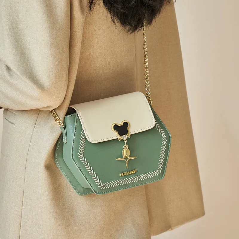 AOKANG Cow Leather Hexagonal Bag, Commute Bag, Shoulder Bag, Crossbody Bag Small Size Women's Cardamom Green/Black-1