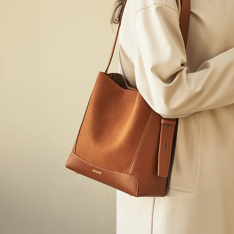 AOKANG Matte Cow Leather Bucket Bag, Shoulder Bag Medium Size Women's Caramel Brown/Dusk Gray/Cocoa Coffee-1