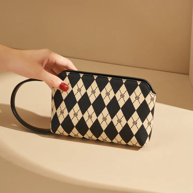 AOKANG PVC Coin Purse Handheld Bag Clutch Mini Women's Cream Apricot/Black-4