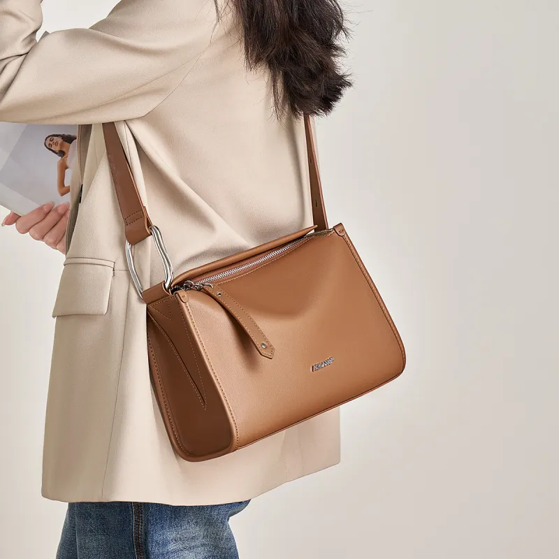 AOKANG Cow Leather Crossbody Bags Medium Size Women's Cream Apricot/Misty Brown/Ecru-2