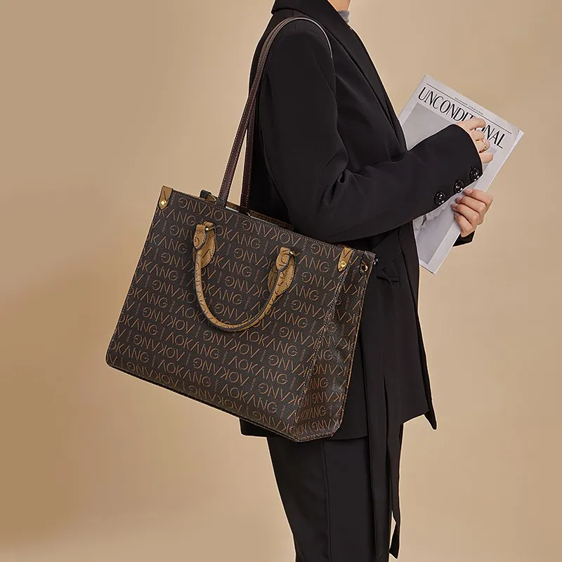 AOKANG PVC Tote Shoulder Bag Handbag Tote Pack Large Size Women's Coffee & Earth Yellow-3