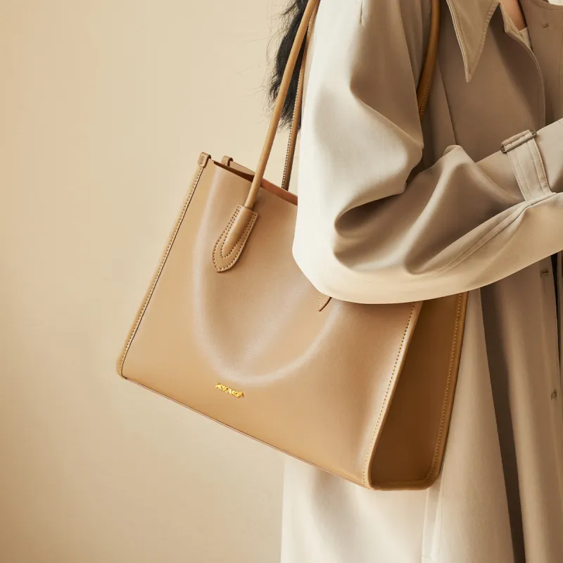 AOKANG Cow Leather Tote Bag, Schooling Bag, Commute Bag, Shoulder Bag Women's Gold Brown/Chestnut Brown/Classic Black-11
