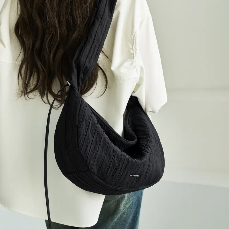 AOKANG Fabric Crossbody Bag, Shoulder Bag, Hobo Bag, Commuter Bag Large Size Women's Classic Black/Ecru-3