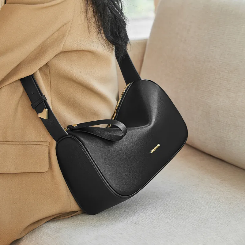 AOKANG Cow Leather With Synthetic Leather Shoulder Bag Women's Classic Black/Caramel Brown/Cream Apricot-1
