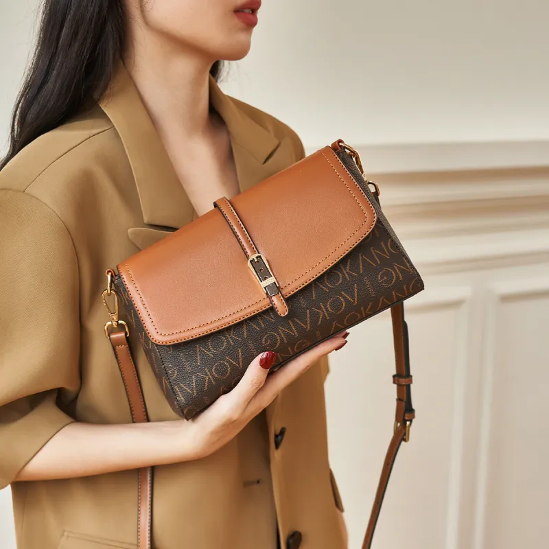 AOKANG PVC Small Square Bag Shoulder Bag Medium Size Women's Khaki Coffee/Cocoa Brown-8