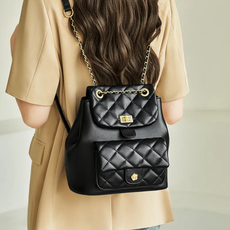 AOKANG Cow Leather Backpack, Diamond Pattern Chain Bag, Commuter Bag Medium Size Women's Classic Black/Ecru-2